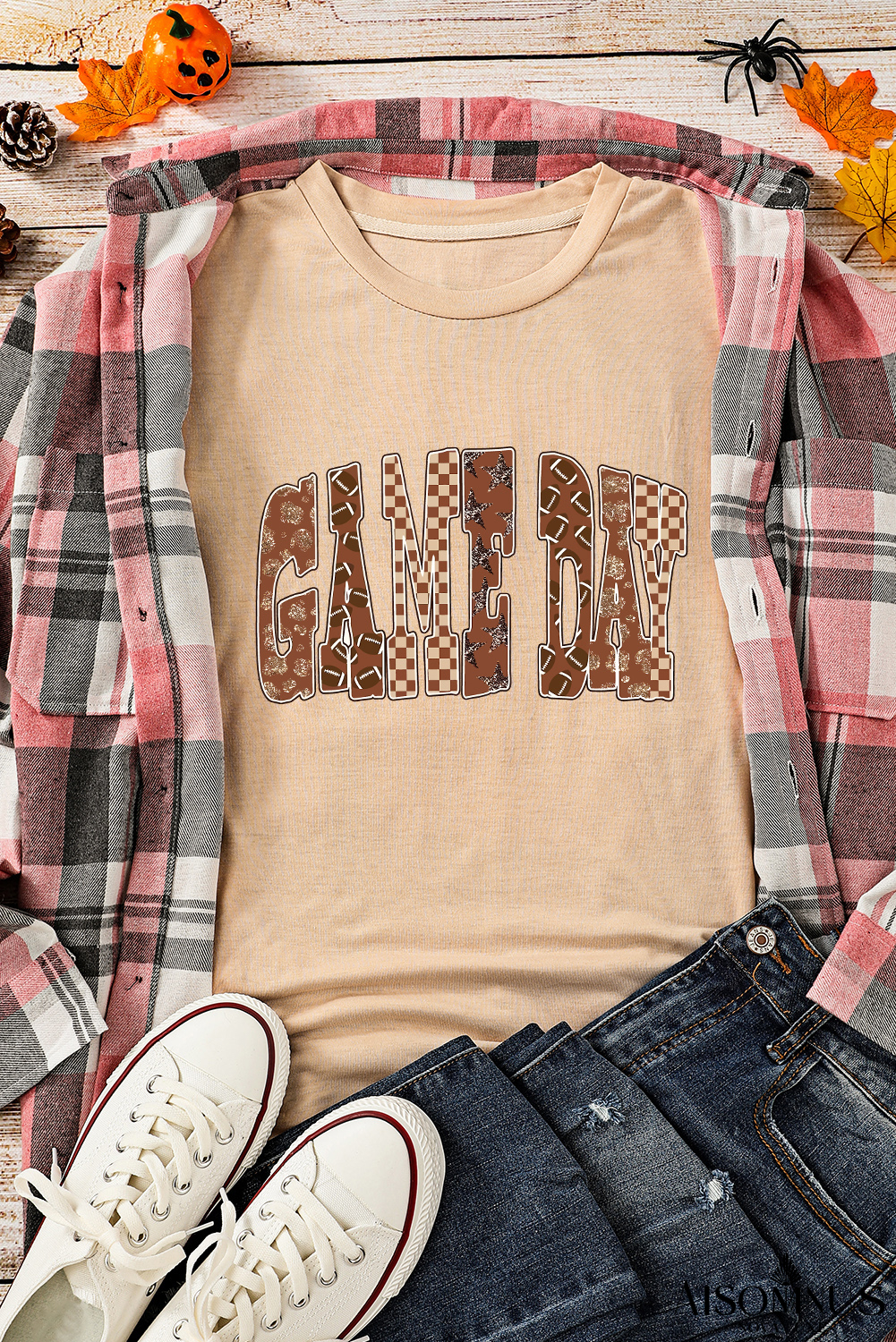 Khaki GAME DAY Football Checkered Letter Graphic T Shirt