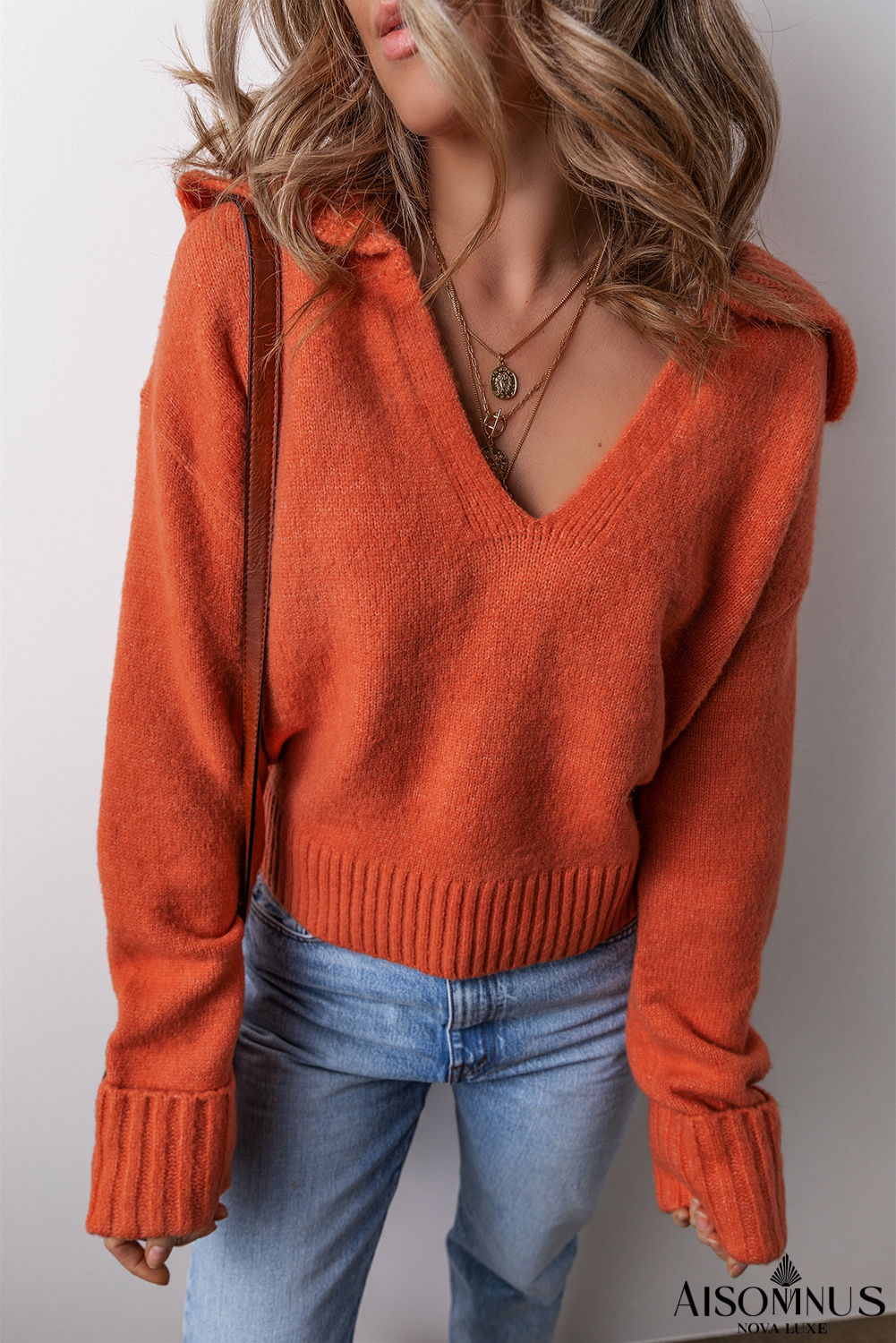 Flamingo Ribbed Edge Collared V Neck Loose Fit Sweater