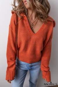 Flamingo Ribbed Edge Collared V Neck Loose Fit Sweater