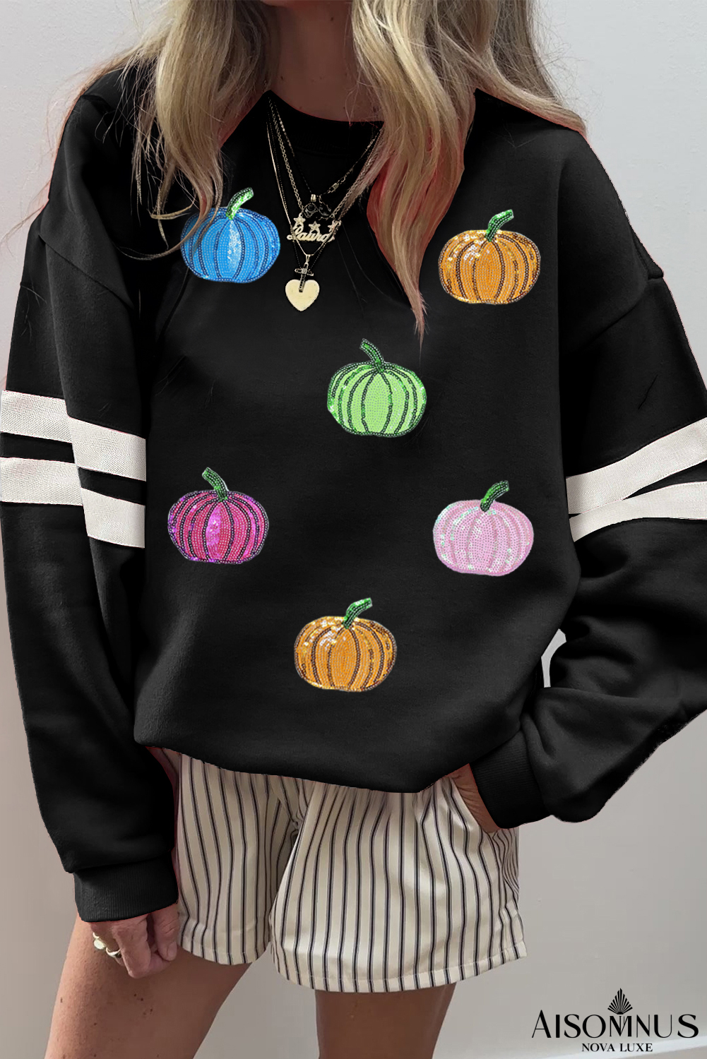 Black Sequin Pumpkin Oversized Varsity Sweatshirt