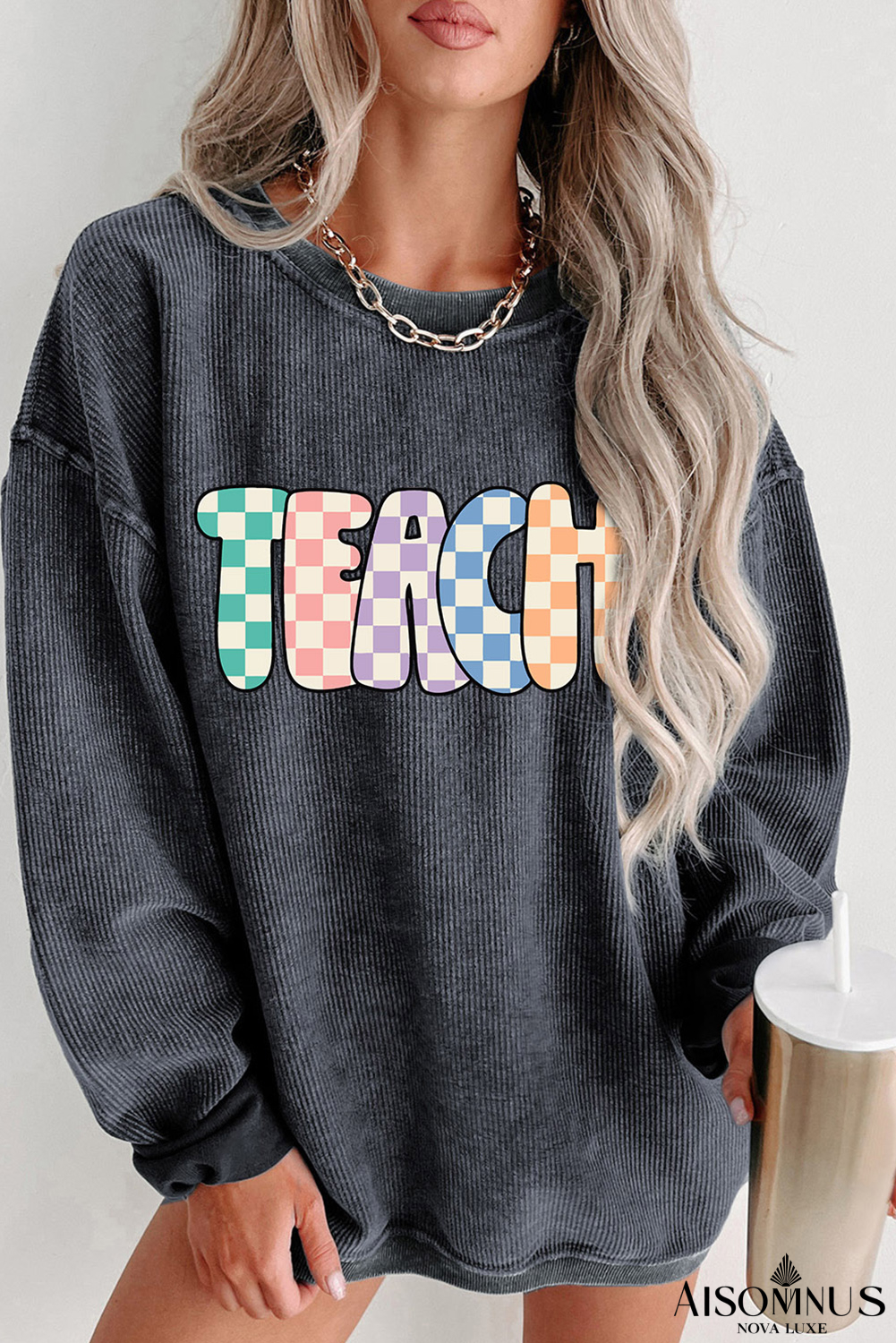 Gray Checkerboard TEACH Graphic Corded Crew Neck Sweatshirt