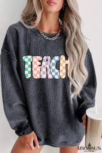 Gray Checkerboard TEACH Graphic Corded Crew Neck Sweatshirt