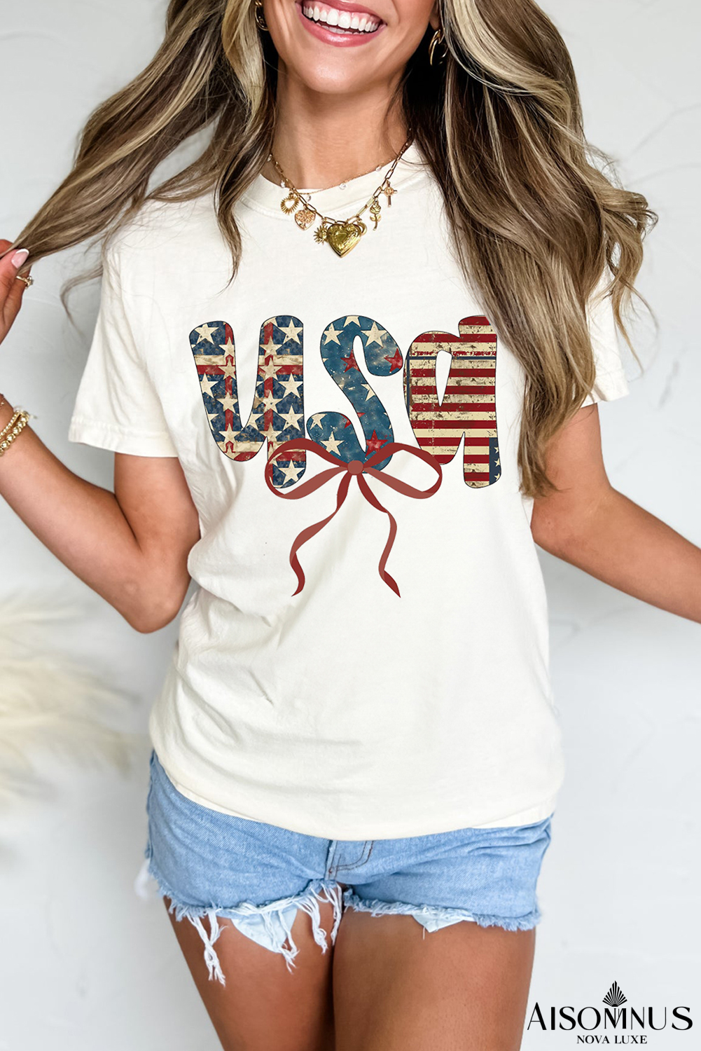 White usa Bow Letter Graphic Independence Day Fashion Tee
