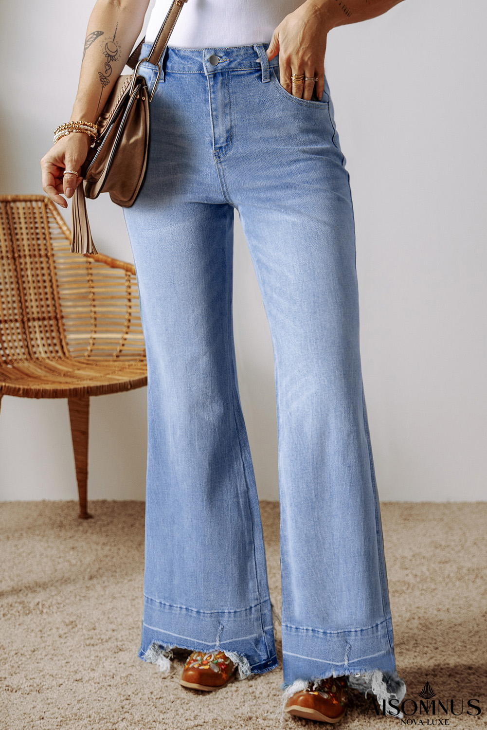 Ashleigh Blue Acid Wash Raw Hem High Waist Flared Jeans