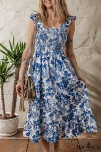 Blue Floral Print Ruffle Strap Square Neck Smocked Bodice Midi Dress