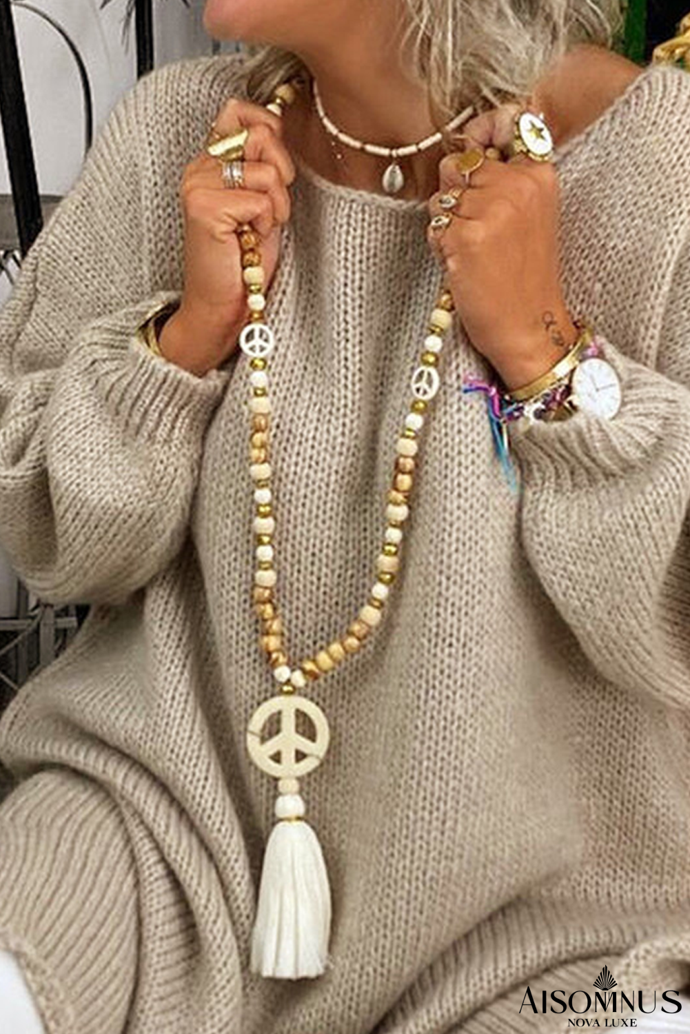 Beige Fringe Wood Beaded Necklace