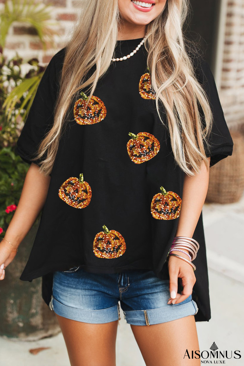 Black Sequin Pumpkin Face Halloween Graphic Tee