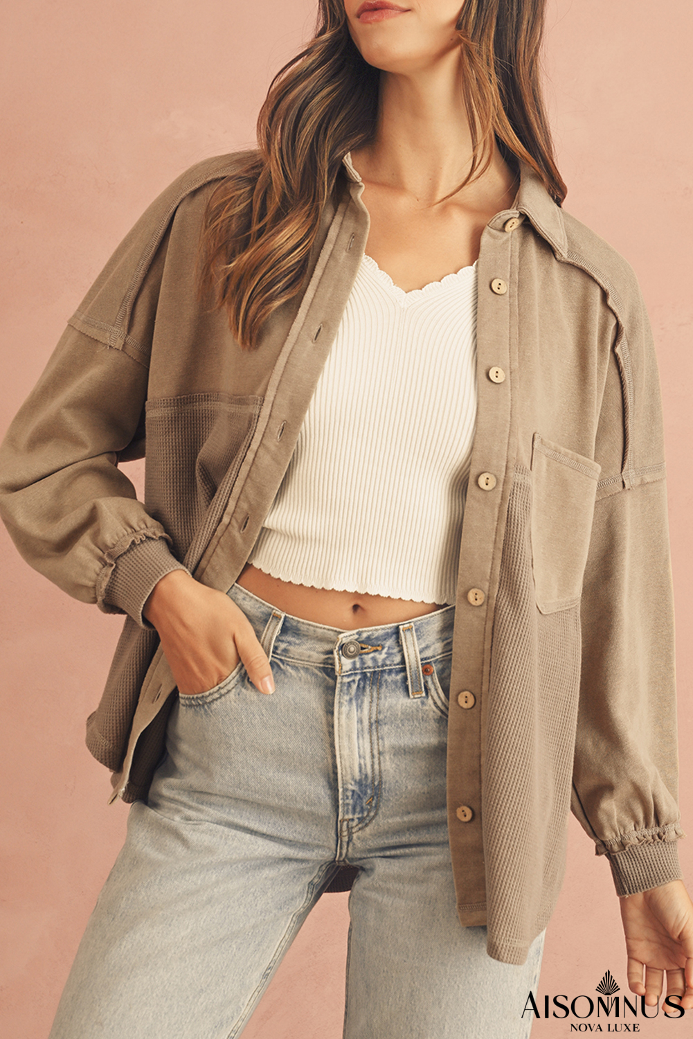 Goat Mineral Wash Textured Patchwork Loose Fit Shacket