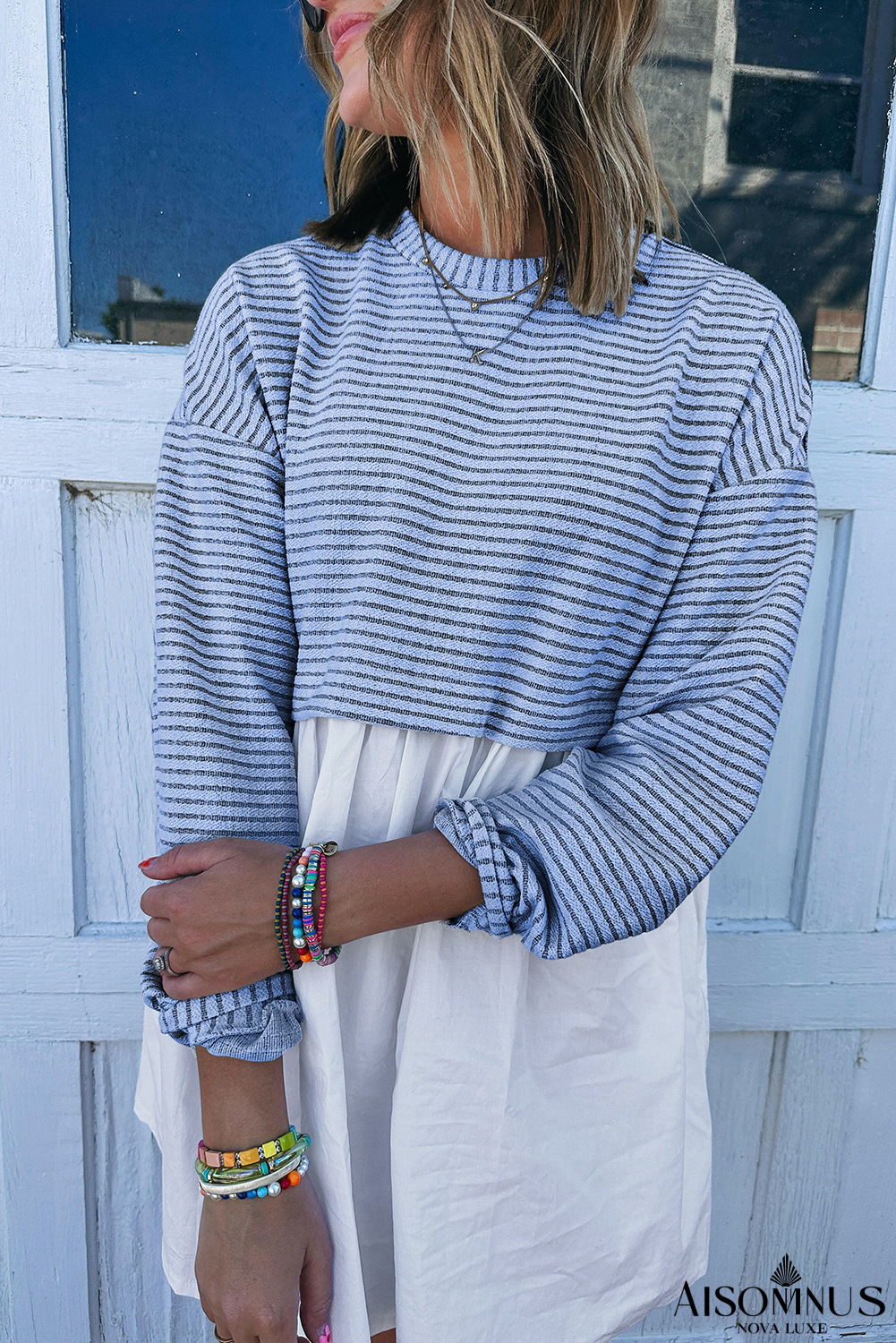 Sky Blue Stripe Patchwork Pleated High Waist Loose Mini Dress