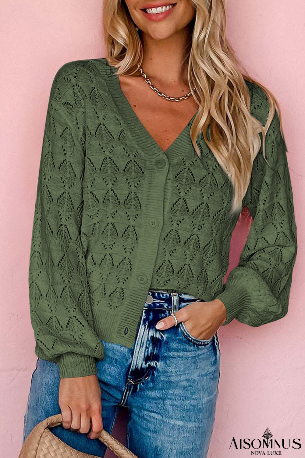 Green Lightweight Buttoned Front Crochet Cardigan