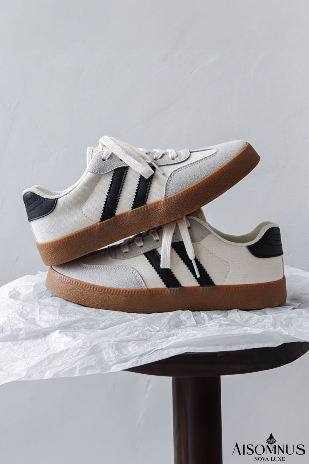 White Striped Lace Up Flat Sneakers