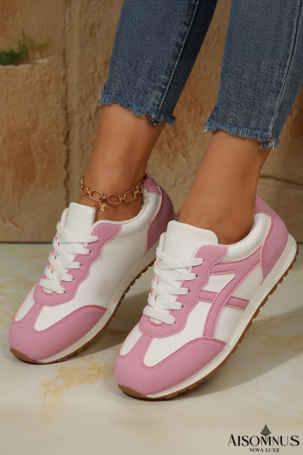 Pink Contrast Lace Up Round Toe Sneakers