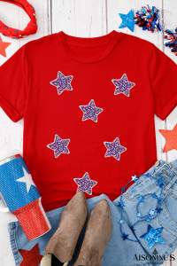 Red July 4th Sequin Star Graphic T Shirt