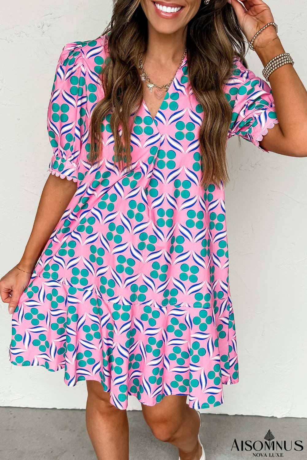Pink Geometric Print V-Neck Ricrac Trim Mini Dress