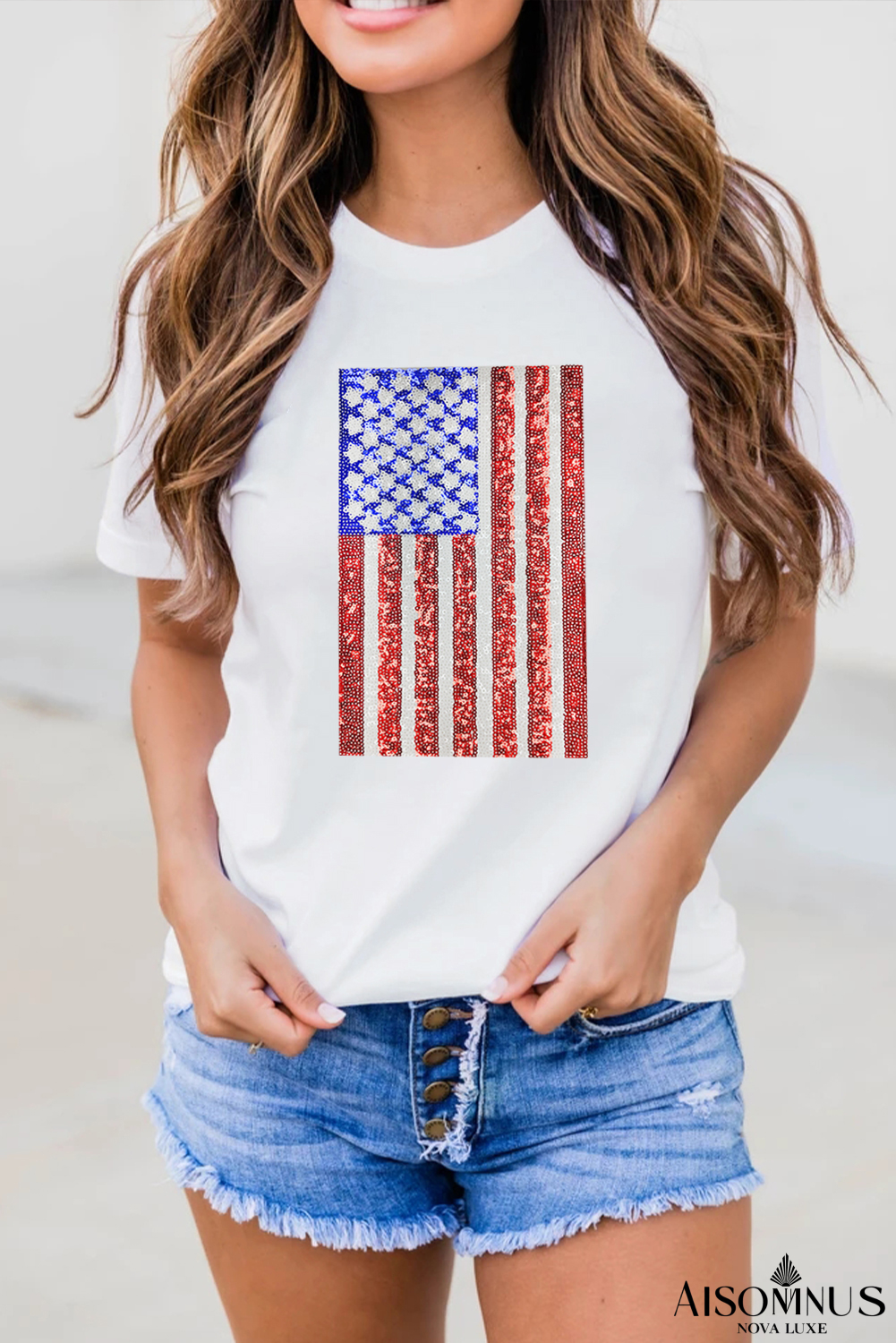 White Shimmery USA Flag Graphic Round Neck Tee