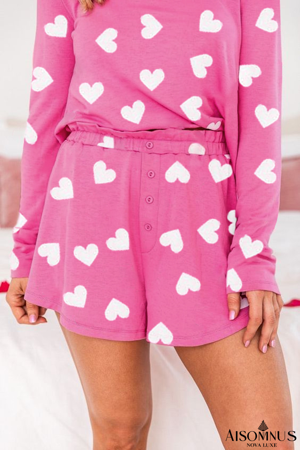 Pink Valentine Heart Print Long Sleeve Top and Shorts Pajama Set