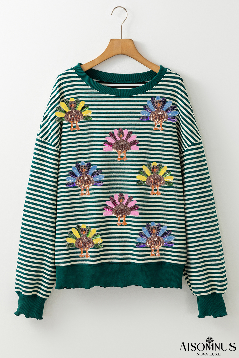 Green Stripe Sequined Turkey Pattern Drop Shoulder Pullover Sweatshirt