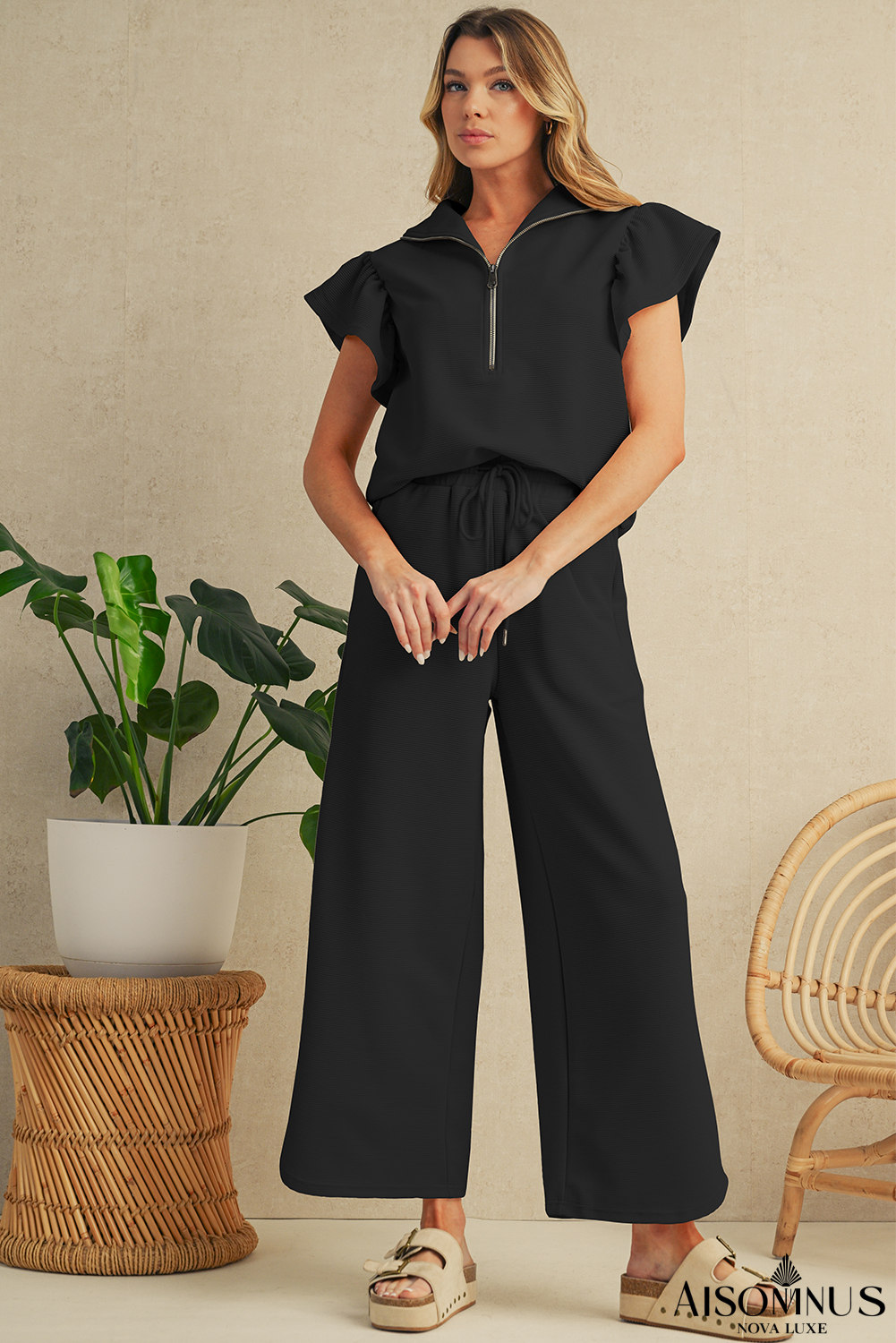 Black Textured Ruffle Sleeve Zipped Top and Wide Leg Pants Set