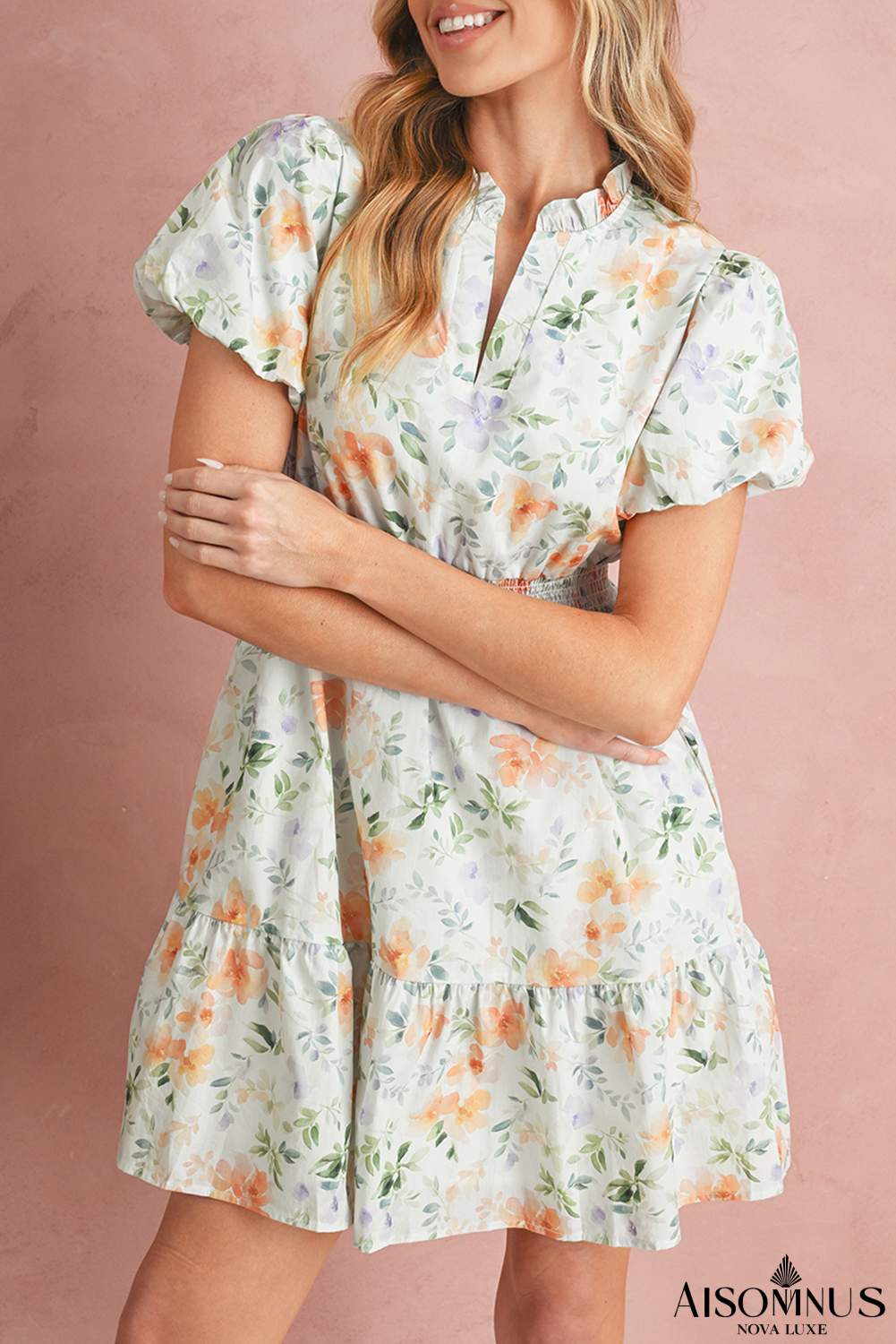 Beige Floral Print Smocked High Waist Puff Sleeve Mini Dress