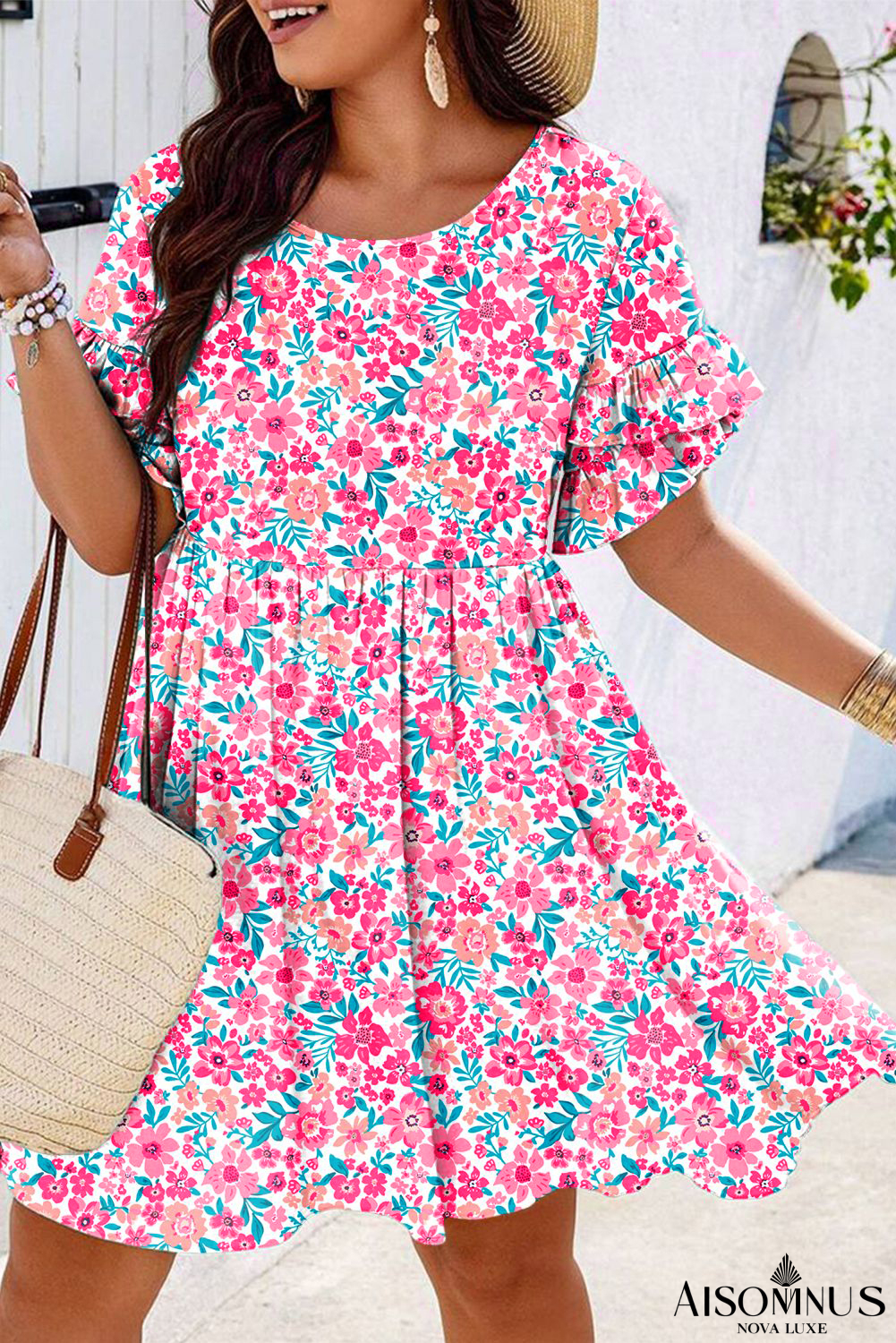 White Plus Size Floral Print Ruffle Short Sleeve Flare Dress
