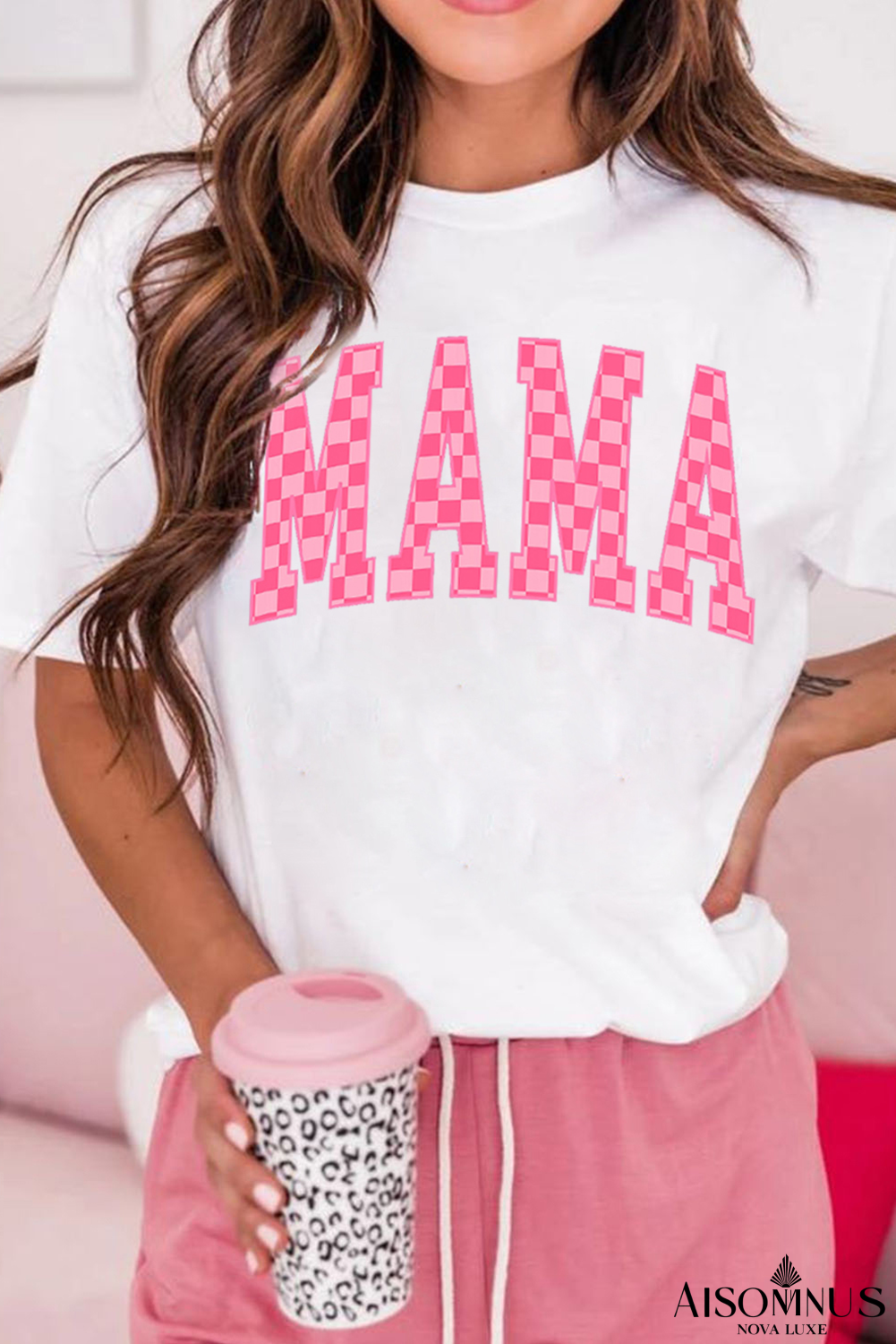 White Checkered MAMA Letter Graphic T Shirt