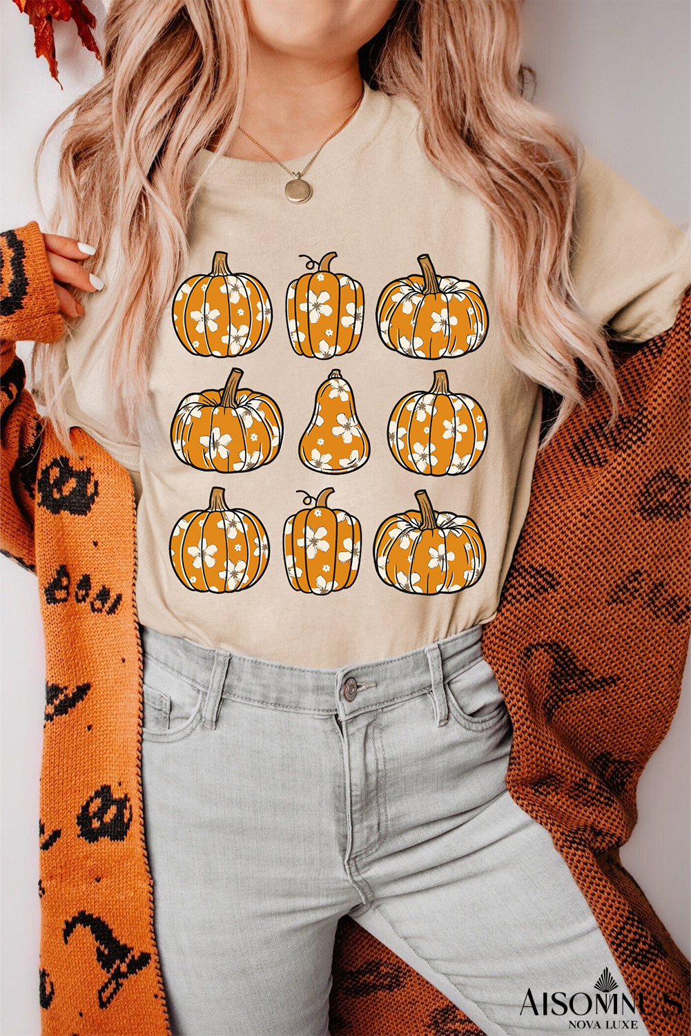 Khaki Fall Floral Pumpkin Print Casual Graphic T Shirt