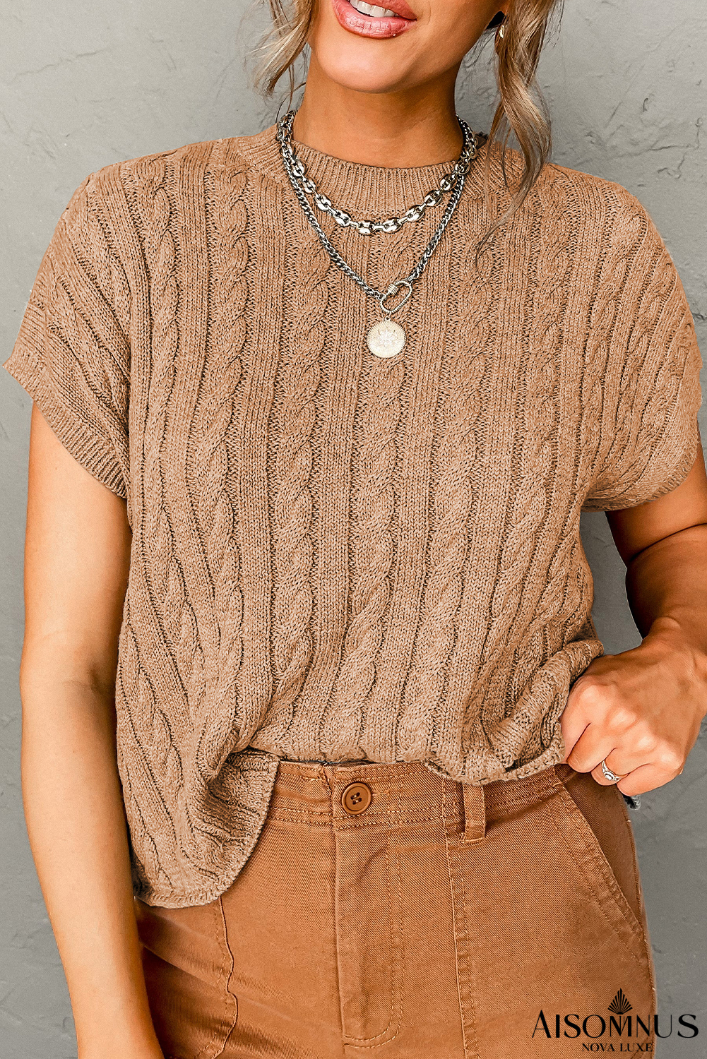 Light French Beige Solid Color Cable Knit Short Sleeve Sweater