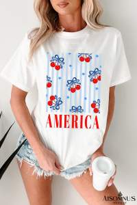 White Bow Cherry AMERICA Graphic Crewneck Patriotic T Shirt