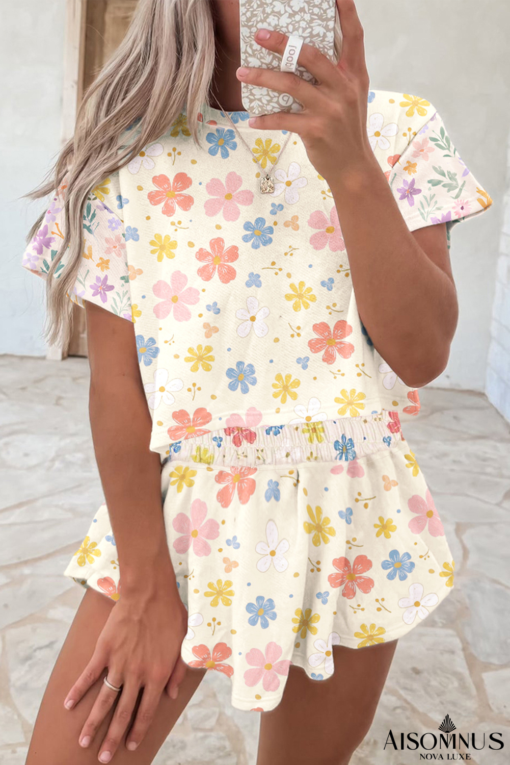 Apricot Allover Floral Print High Waist Loose Shorts Set