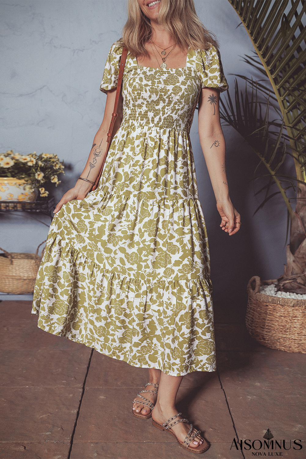 Yellow Boho Floral Print Square Neck Puff Sleeve Tiered Maxi Dress
