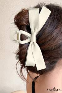 White Solid Color Ribbon Bow Decor Hair Clip