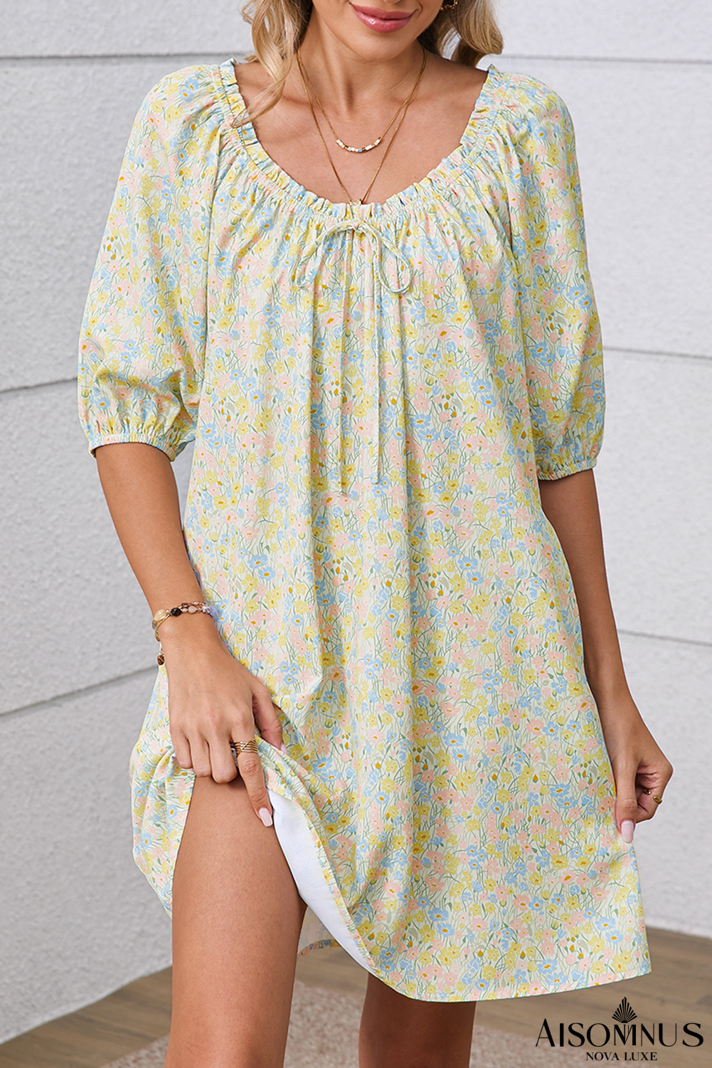 Green Floral Print Tie Neck Puff Sleeve Mini Dress