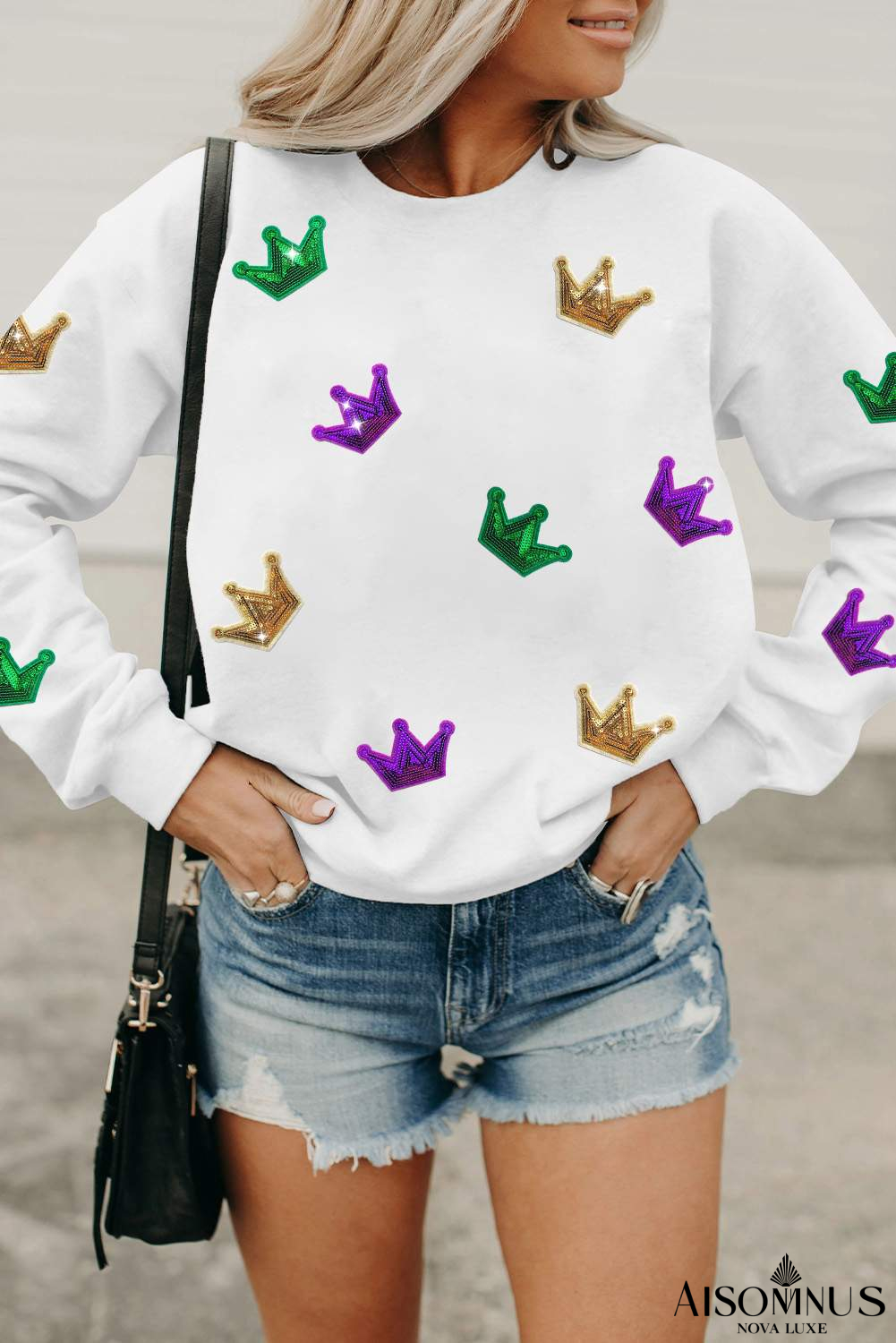 White MARDI GRAS Crown Graphic Drop Shoulder Sweatshirt