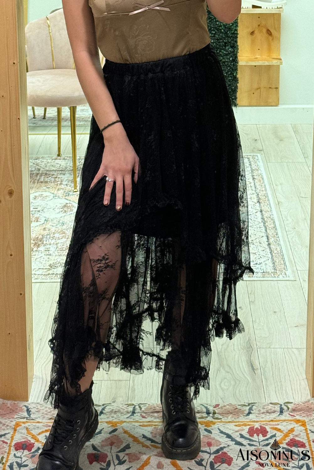 Black Lace Cascading Tiered High Waist Maxi Skirt