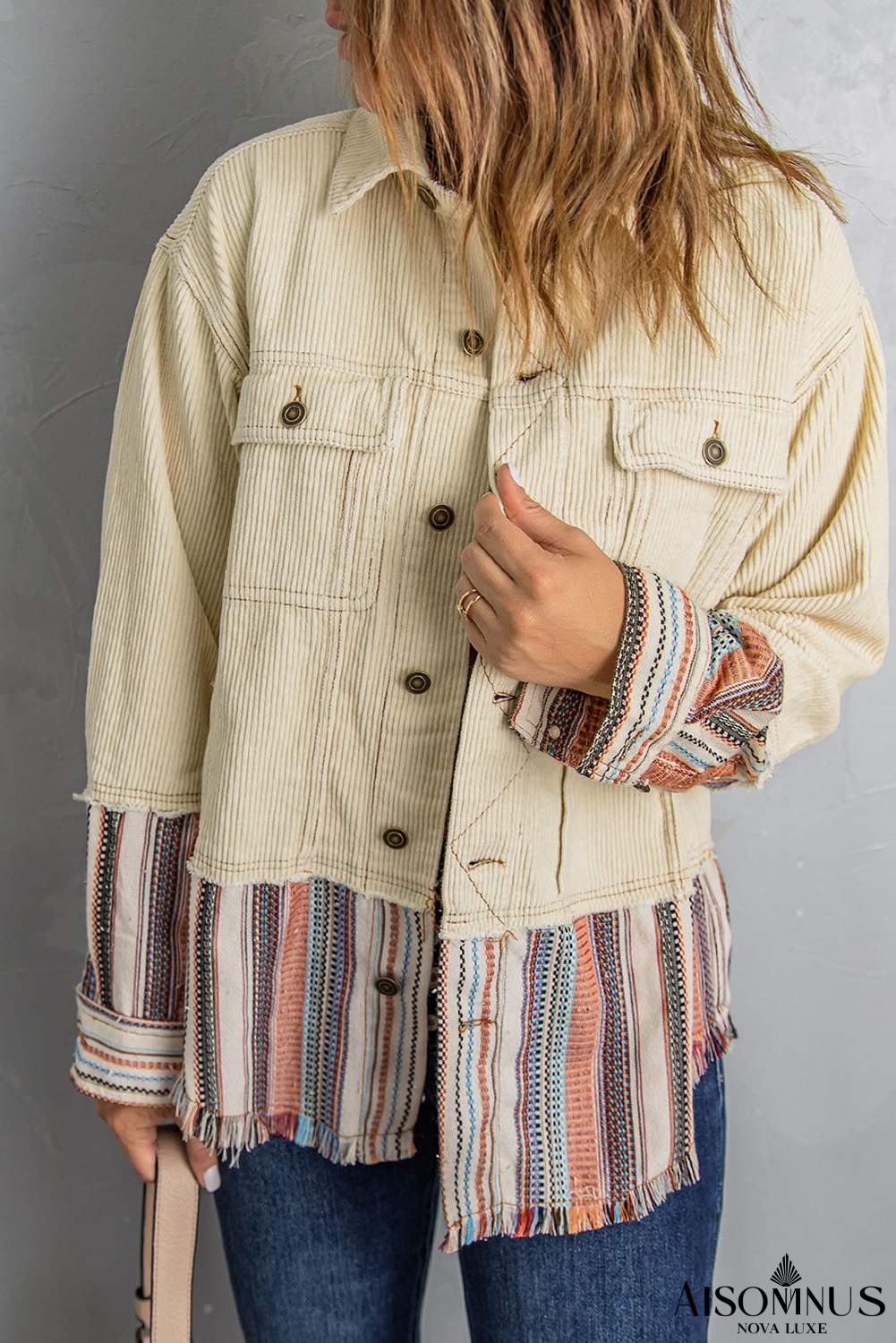 Beige Button Up Pockets Striped Color Block Corduroy Jacket