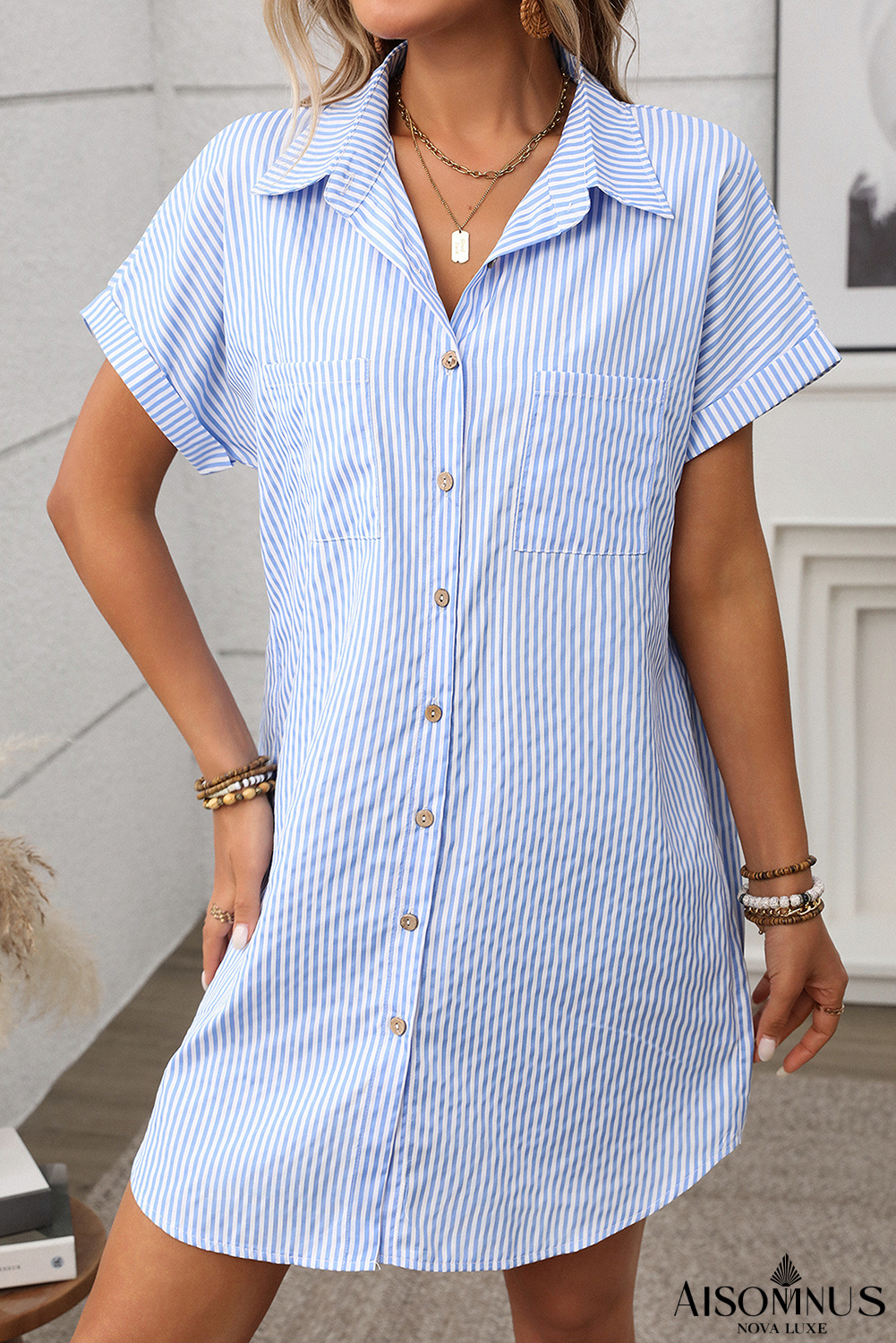 Sky Blue Stripe Button Up Pocket Collared Mini Dress