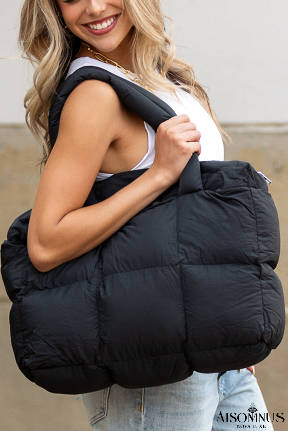 Black Solid Quilted Puffy Zipped Large Tote Bag