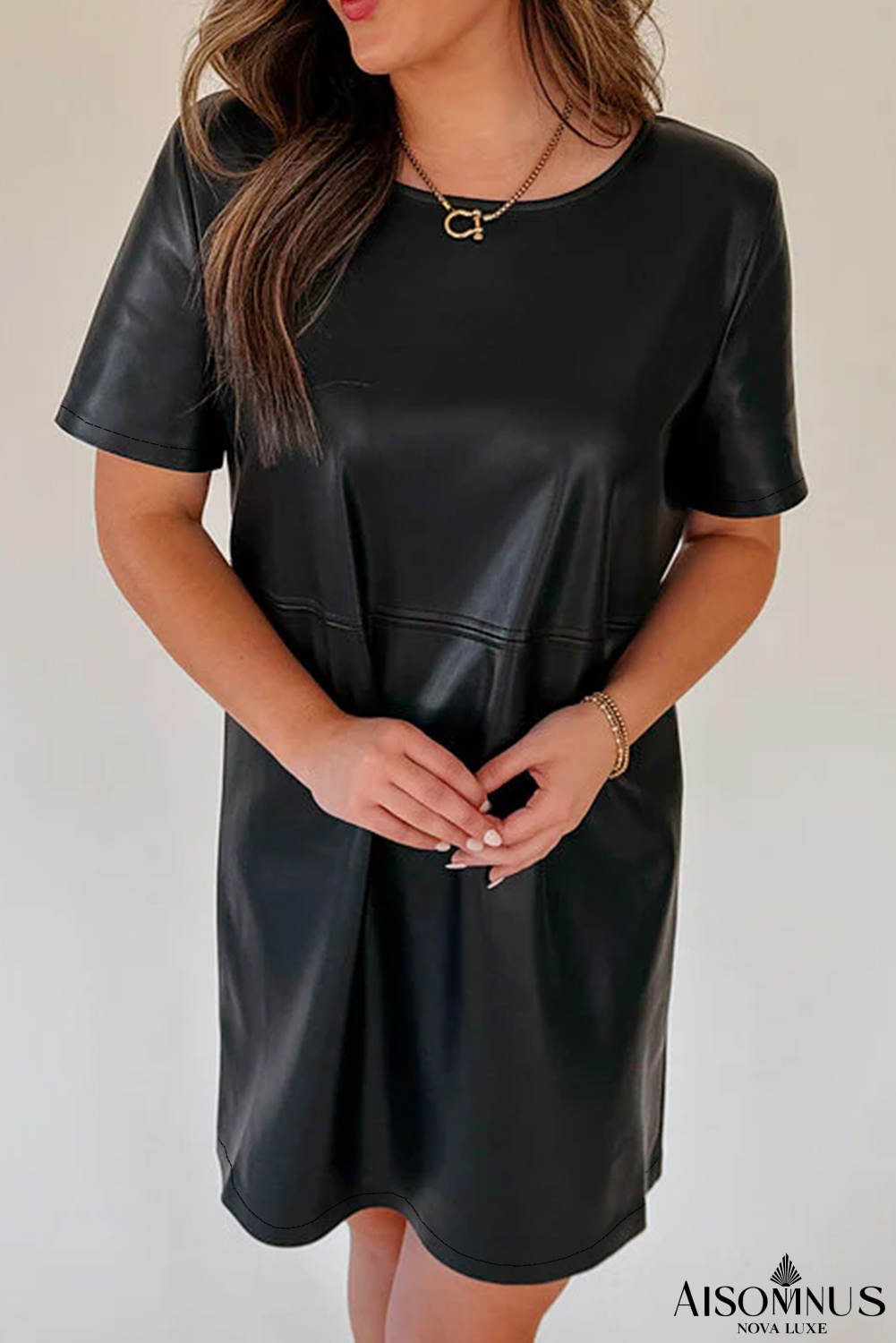 Black Solid Color Faux Leather Short Sleeve Mini Dress