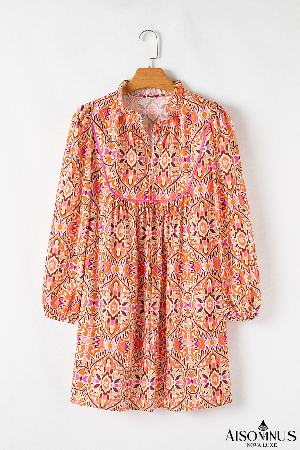 Khaki Abstract Print Long Sleeve Tied Neckline Mini Dress