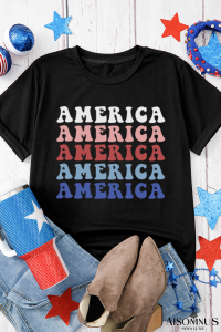 Black Colorful AMERICA Print Crewneck Patriotic T Shirt
