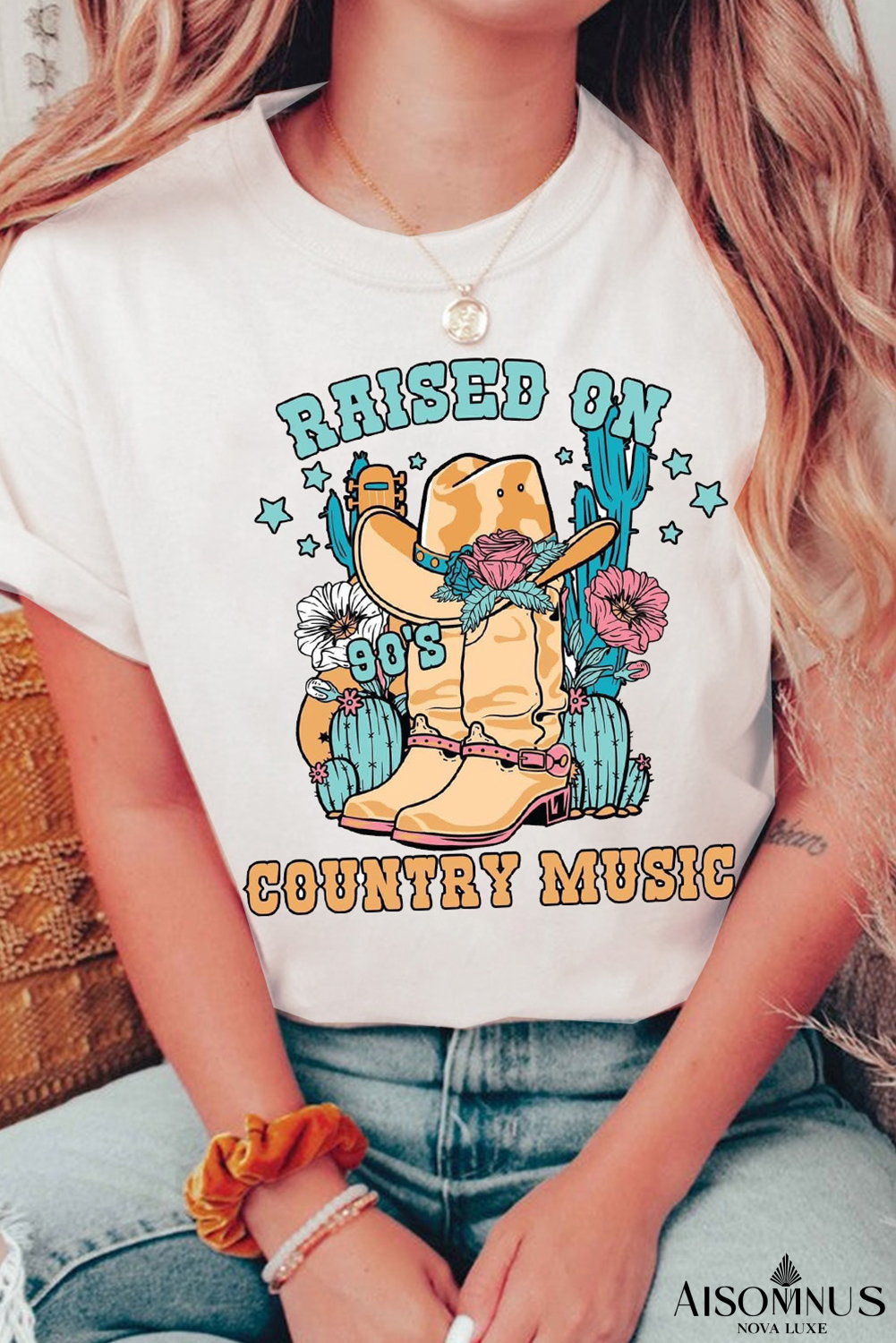 White RAISED ON COUNTRY MUSIC Graphic Tee