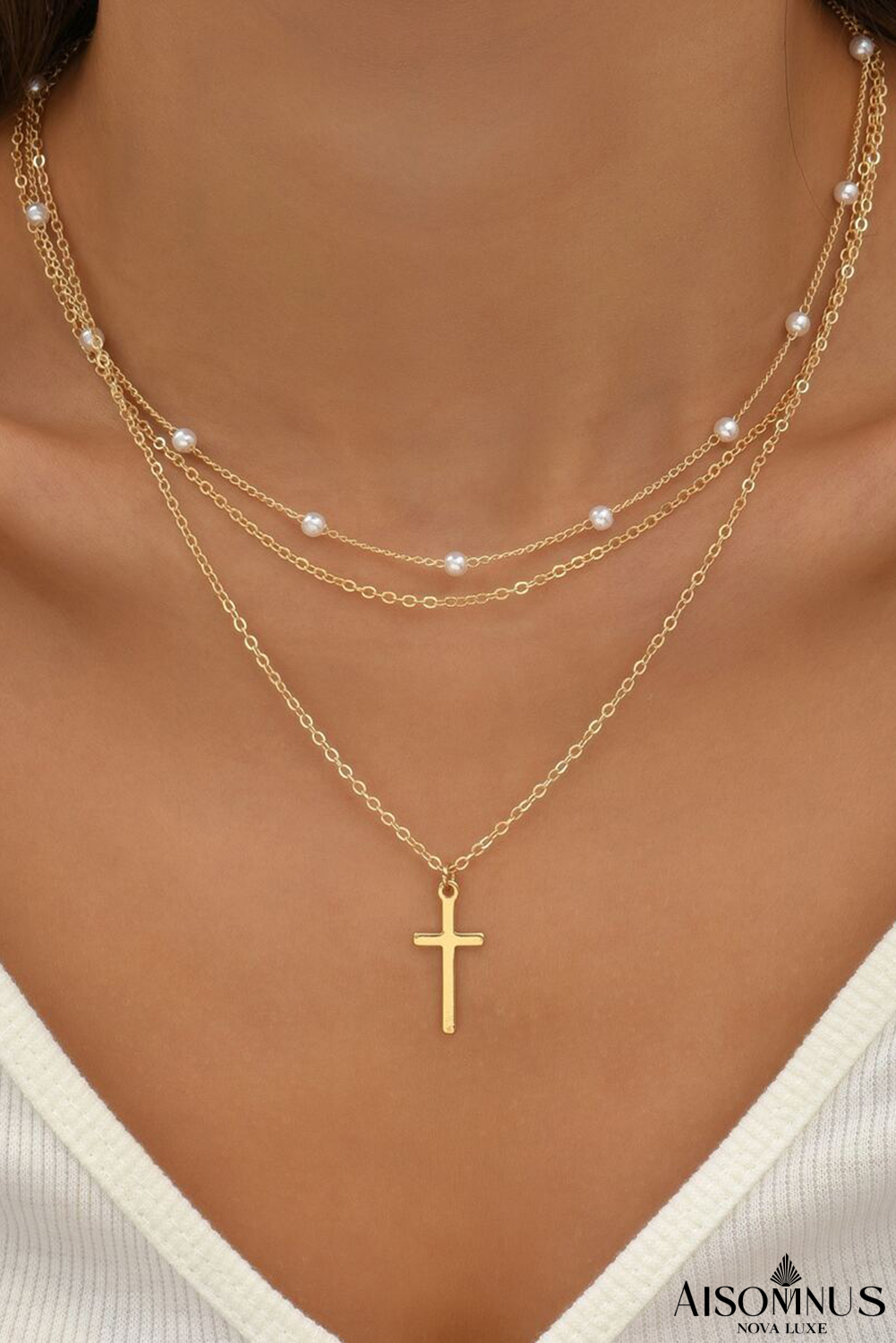 Gold Retro Multi-Layer Pearl and Cross Pendant Necklace Set