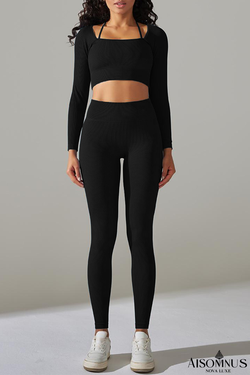 Black Ribbed Long Sleeve Top and Leggings Workout Set