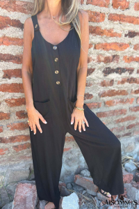 Black Button Pockets Open Back Loose Strappy Jumpsuit