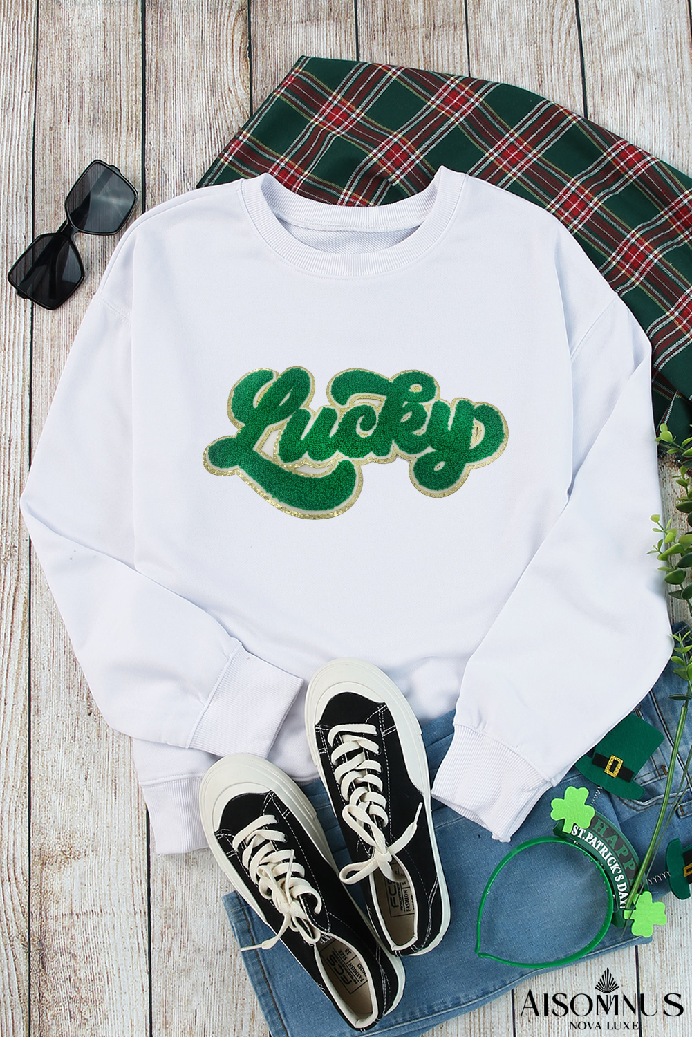 White Shiny Trim Chenille Lucky Letter Graphic Sweatshirt