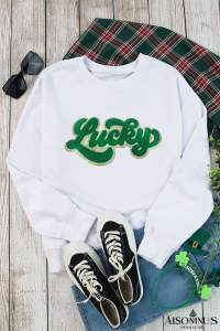 White Shiny Trim Chenille Lucky Letter Graphic Sweatshirt