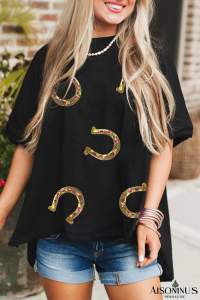 Black Western Shiny Horseshoes Pattern High Low Hem Casual T Shirt