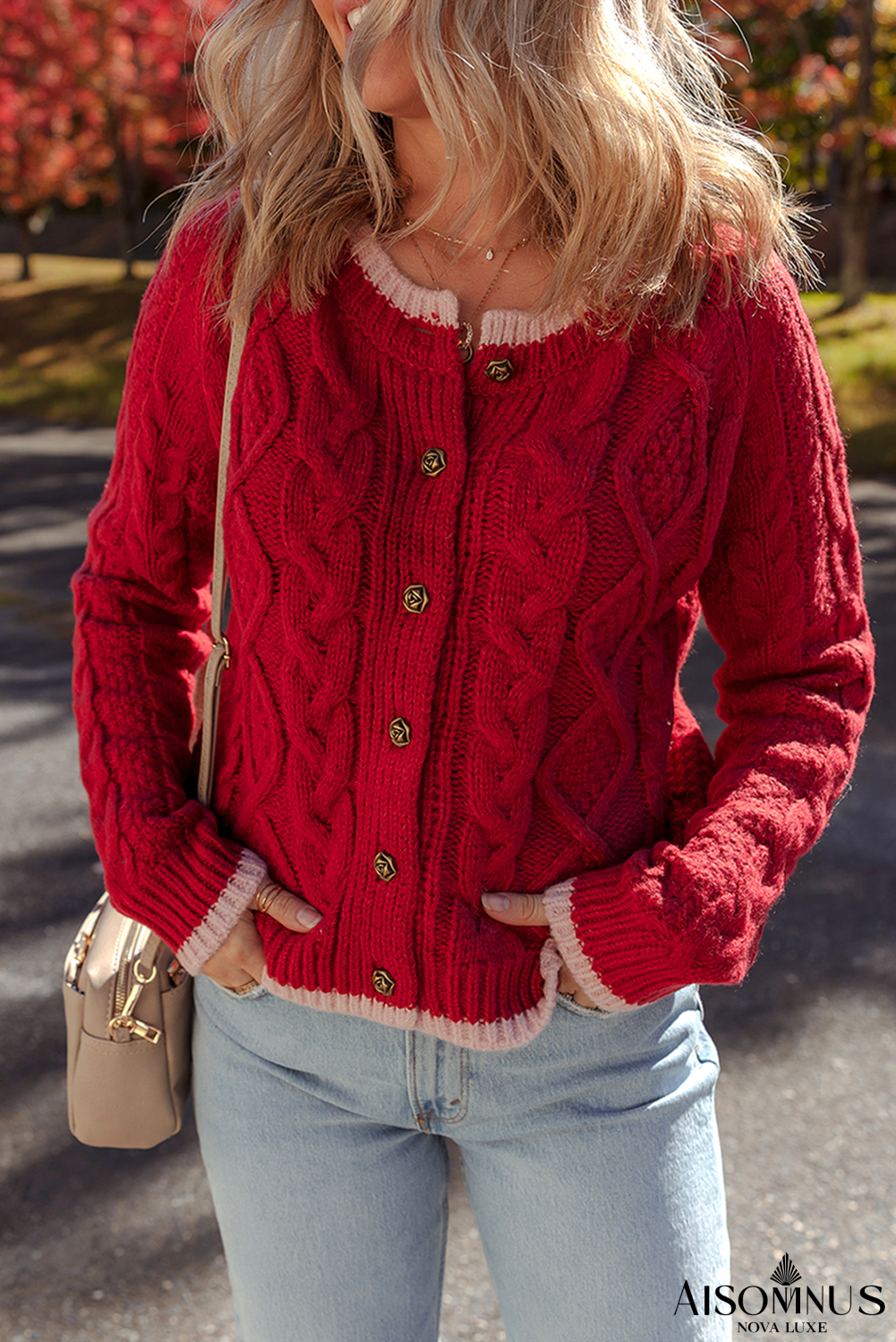Racing Red Contrast Edge Twist Cable Knit Buttoned Cardigan