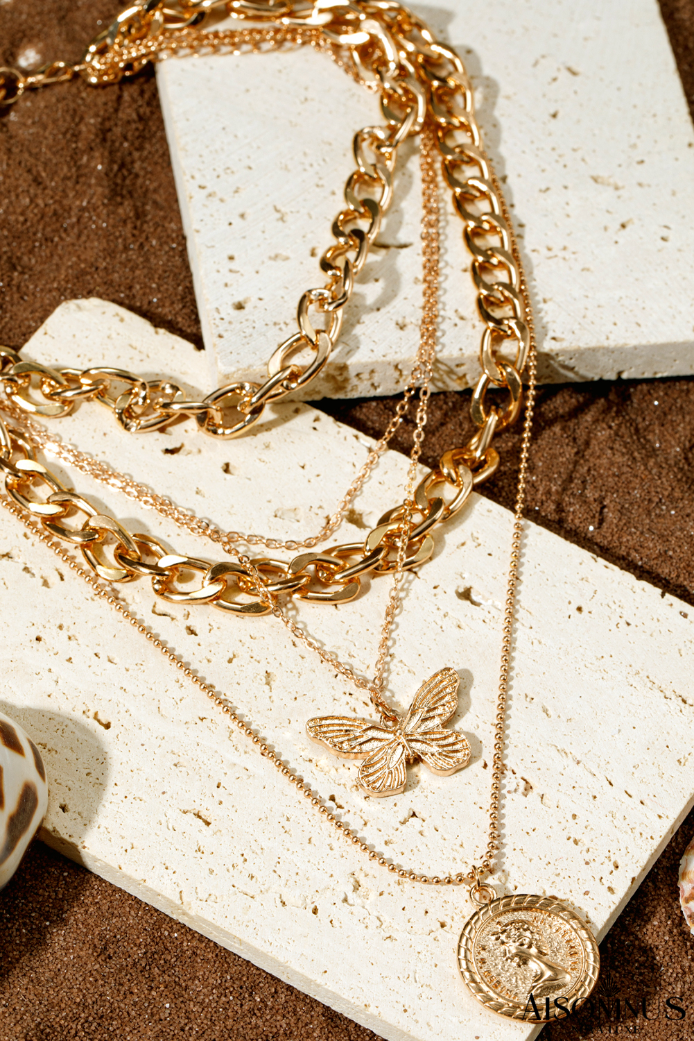 Gold Boho Butterfly Pendant CHain Multi Layer Necklace