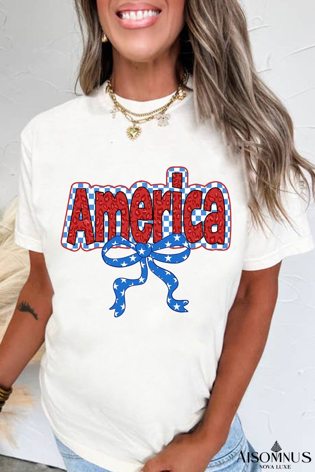 White Funky America Letter Bow Printed T Shirt